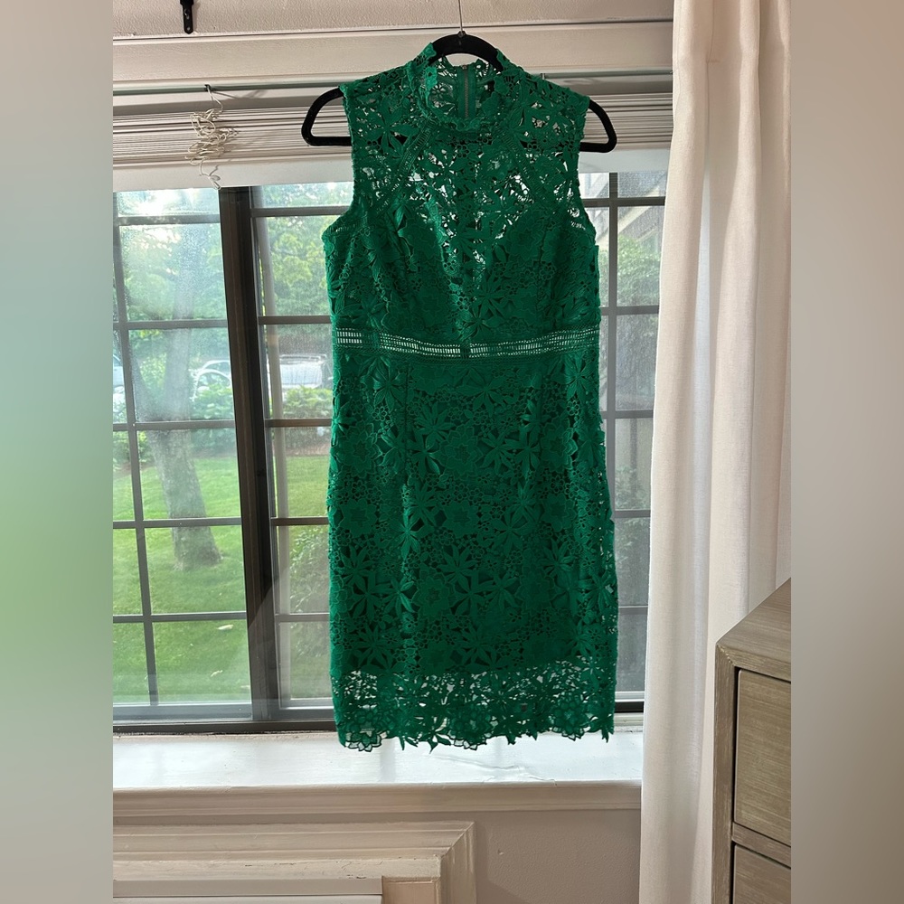 Green lace Bardot midi dress